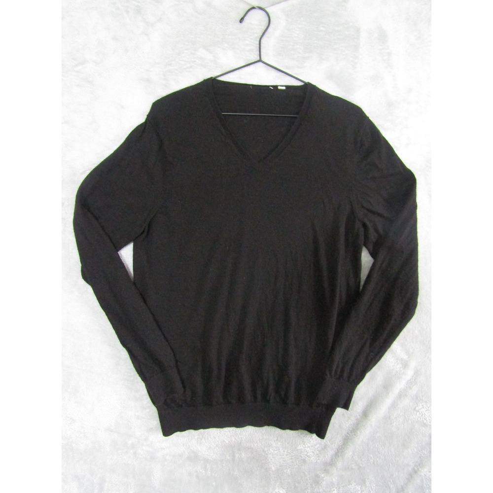 UNIQLO XL Black V Neck 100% Wool Merino Sweater Men's‎ Long Sleeve Pullover